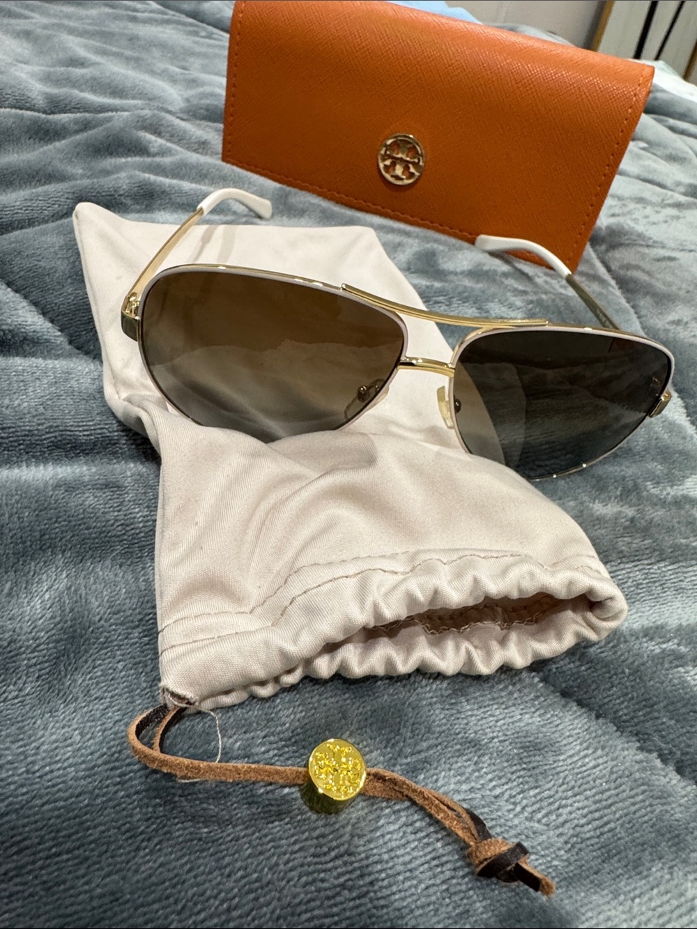 Tory Burch Gold Frame Sunglasses with Brown Gradient Lenses and Orange Case